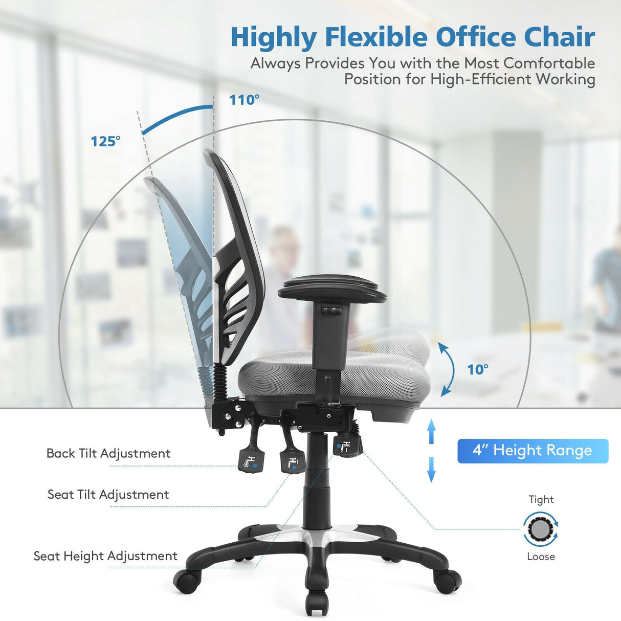 Silla de oficina ergonómica de malla con altura de respaldo y reposabrazos ajustables