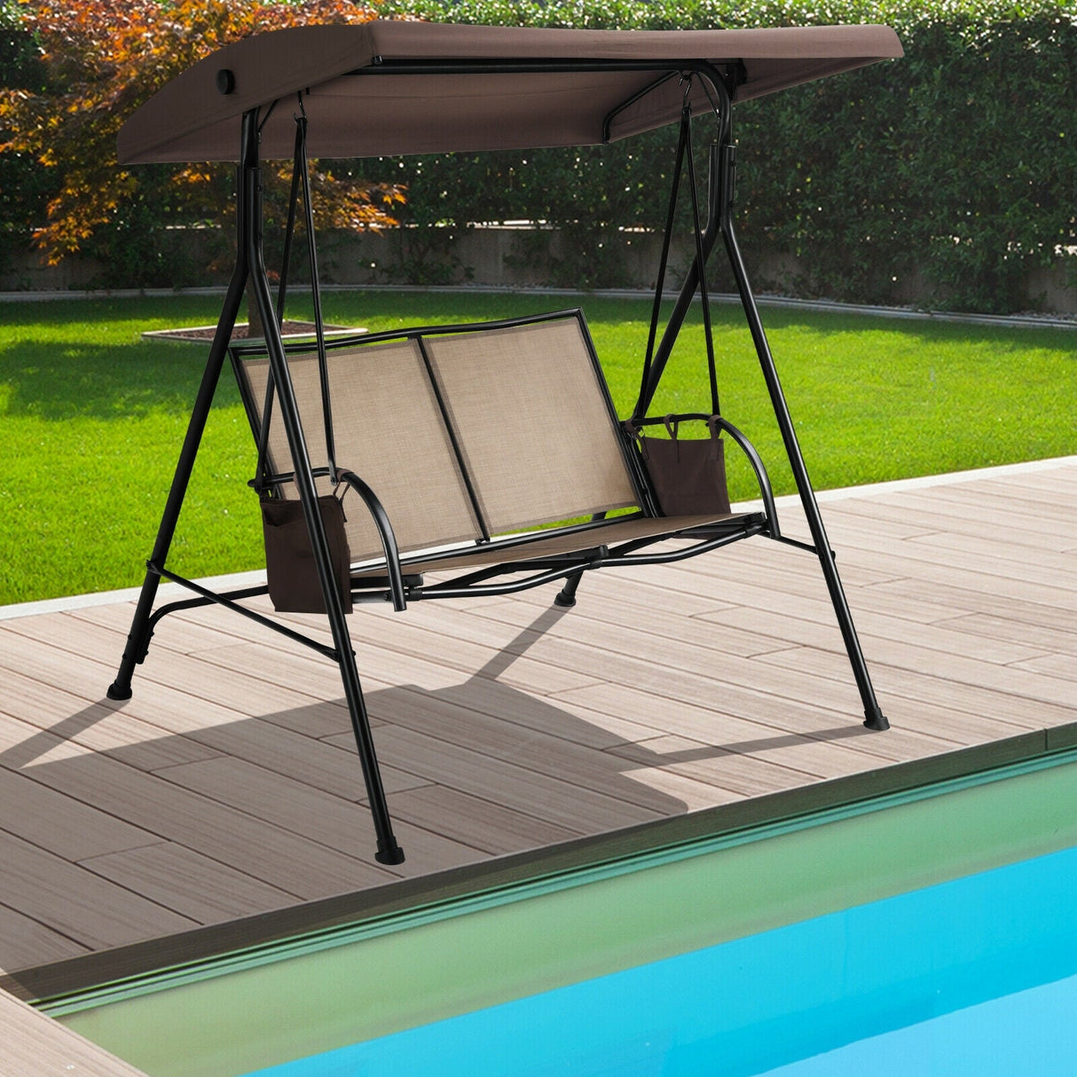 Columpio de patio para 2 personas con toldo ajustable y 2 bolsillos de almacenamiento - Marrón
