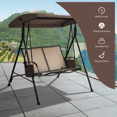 Columpio de patio para 2 personas con toldo ajustable y 2 bolsillos de almacenamiento - Marrón