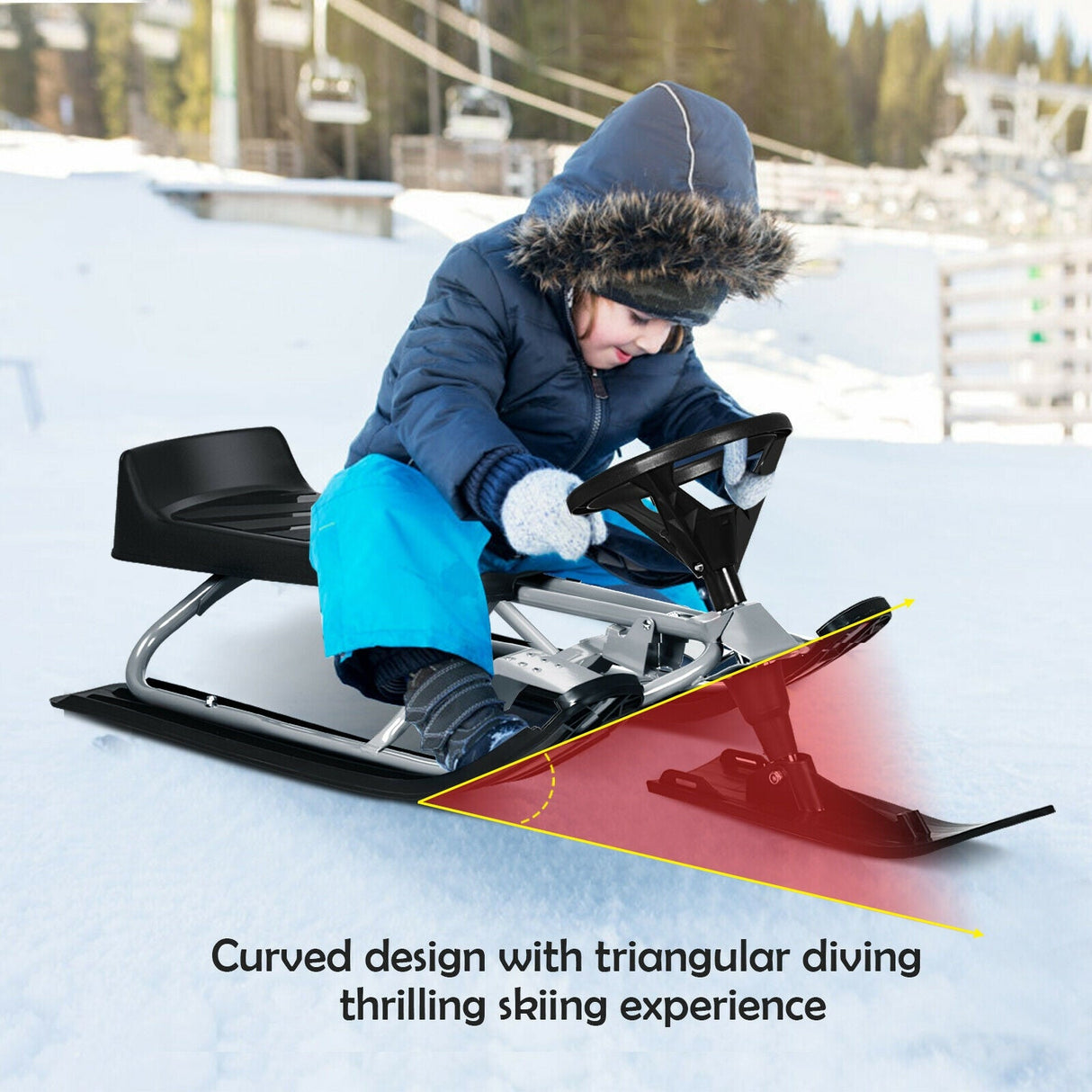 Trineo de nieve para niños con volante, frenos dobles y cuerda de tracción