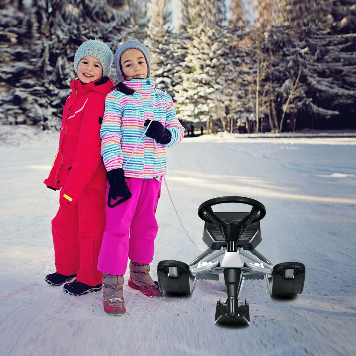Trineo de nieve para niños con volante, frenos dobles y cuerda de tracción