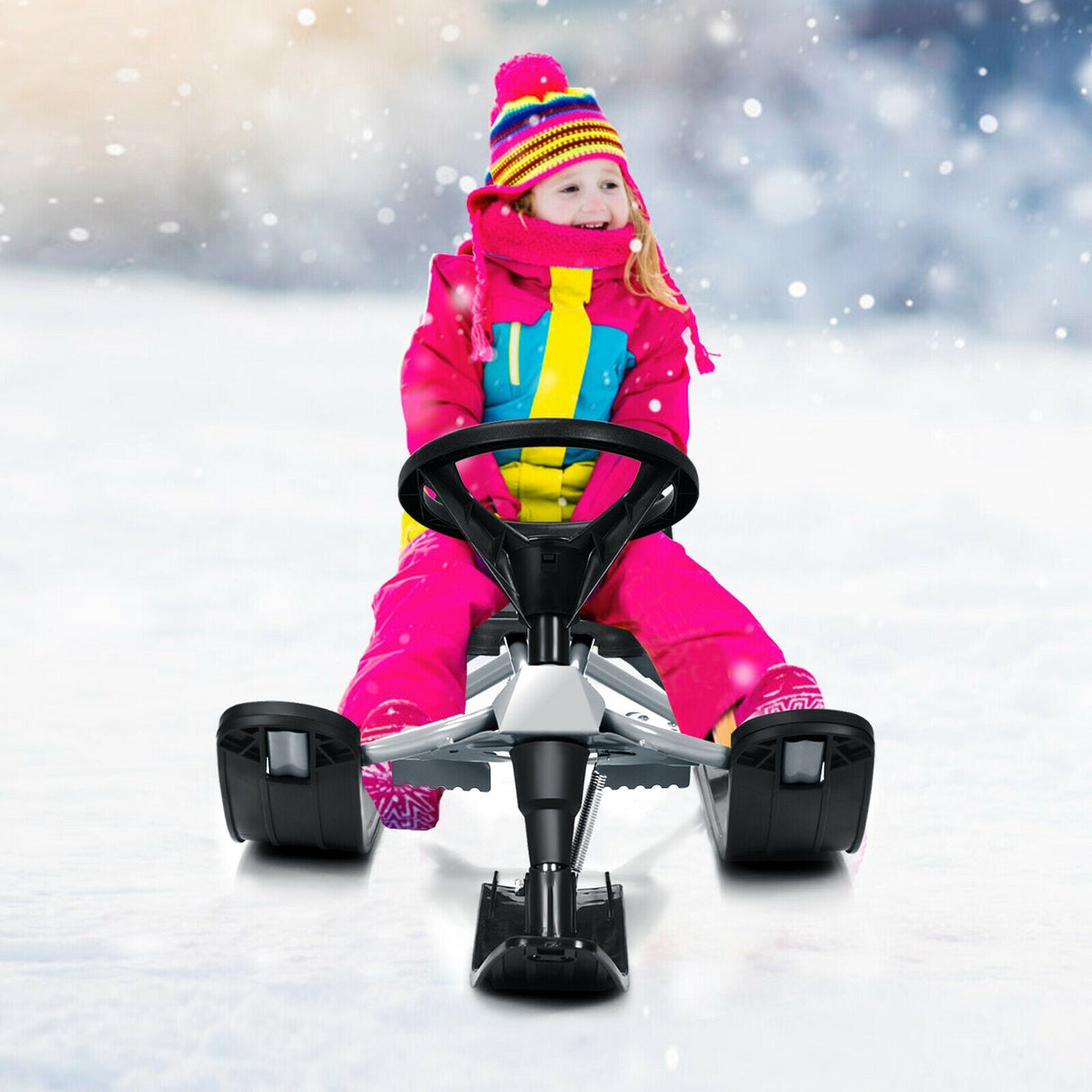 Trineo de nieve para niños con volante, frenos dobles y cuerda de tracción
