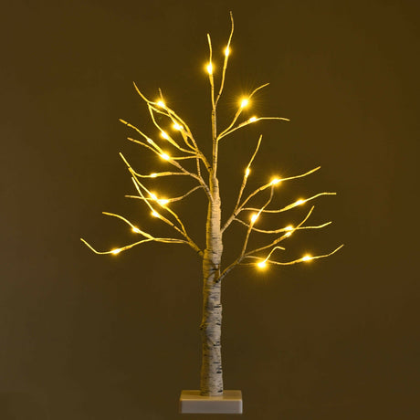 Árbol de Abedul con Ramas Blancas Preiluminado de 2 Pies, a Pilas, para Navidad