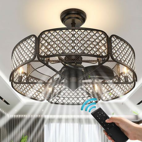 Ventilador de techo con jaula de 30 pulgadas con pantalla de lámpara de cristal y 6 portalámparas