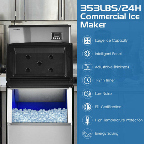 Máquina de hacer hielo comercial de 353 lbs/24H con depósito de 198 lbs
