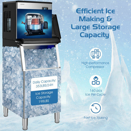 Máquina de hacer hielo comercial de 353 lbs/24H con depósito de 198 lbs