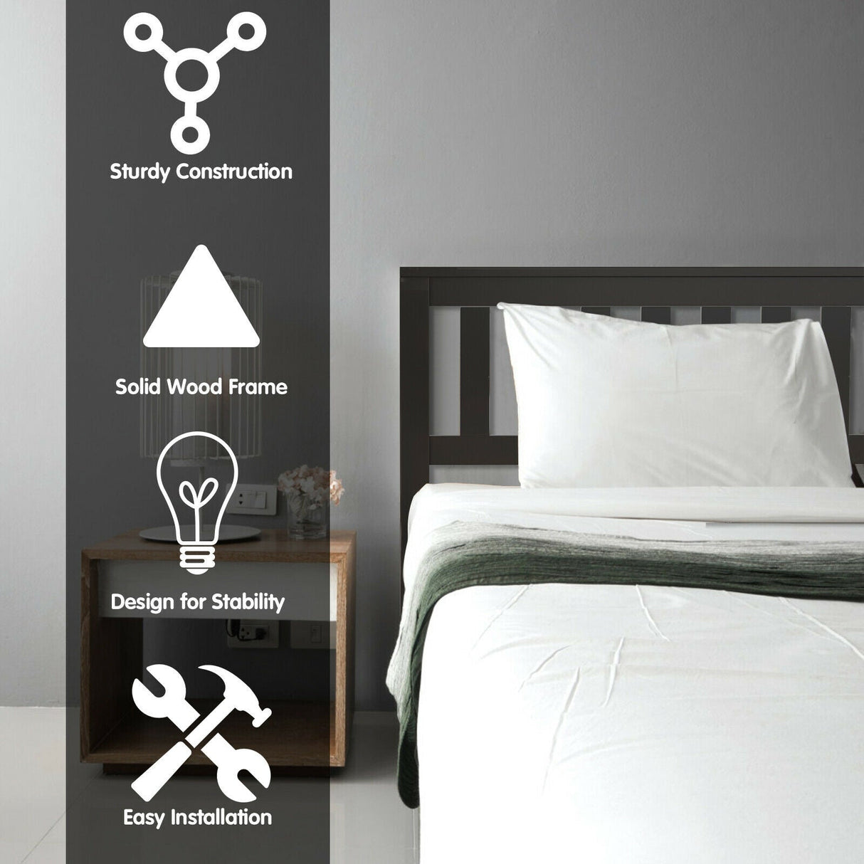 Base de cama individual de madera con cabecero