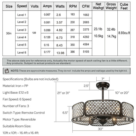 Ventilador de techo con jaula de 30 pulgadas con pantalla de lámpara de cristal y 6 portalámparas