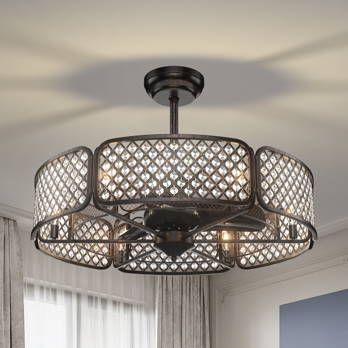 Ventilador de techo con jaula de 30 pulgadas con pantalla de lámpara de cristal y 6 portalámparas