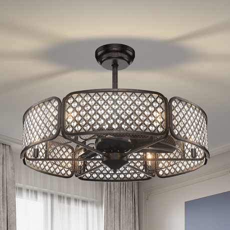 Ventilador de techo con jaula de 30 pulgadas con pantalla de lámpara de cristal y 6 portalámparas
