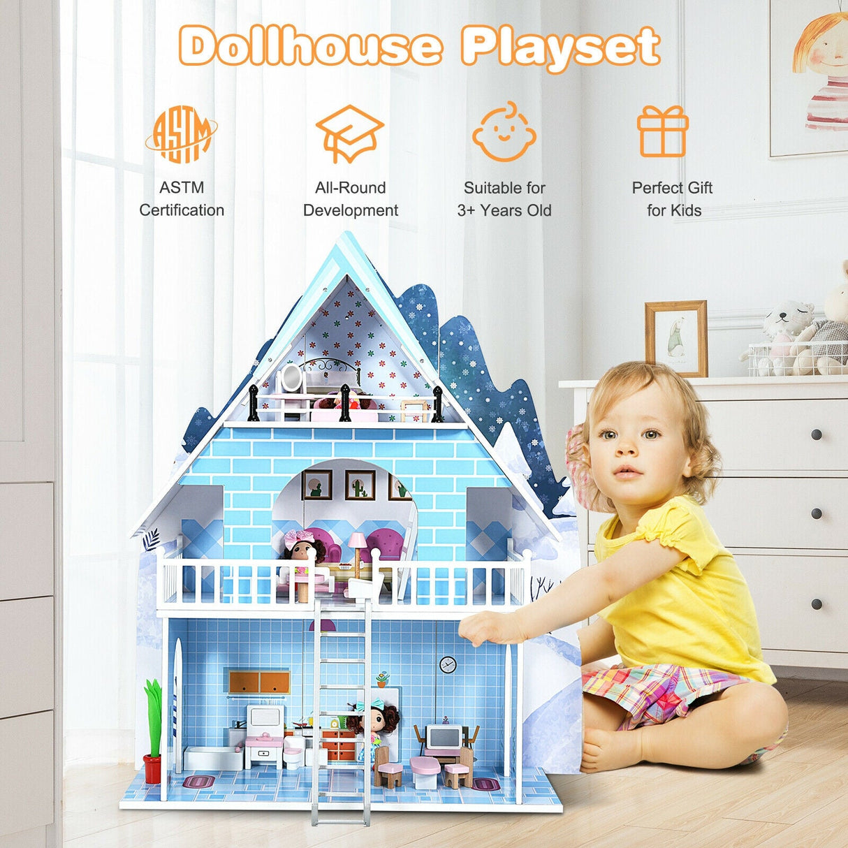 Casa de muñecas de madera de 3 pisos con juego de simulación con muebles y muñeca, regalo para mayores de 3 años