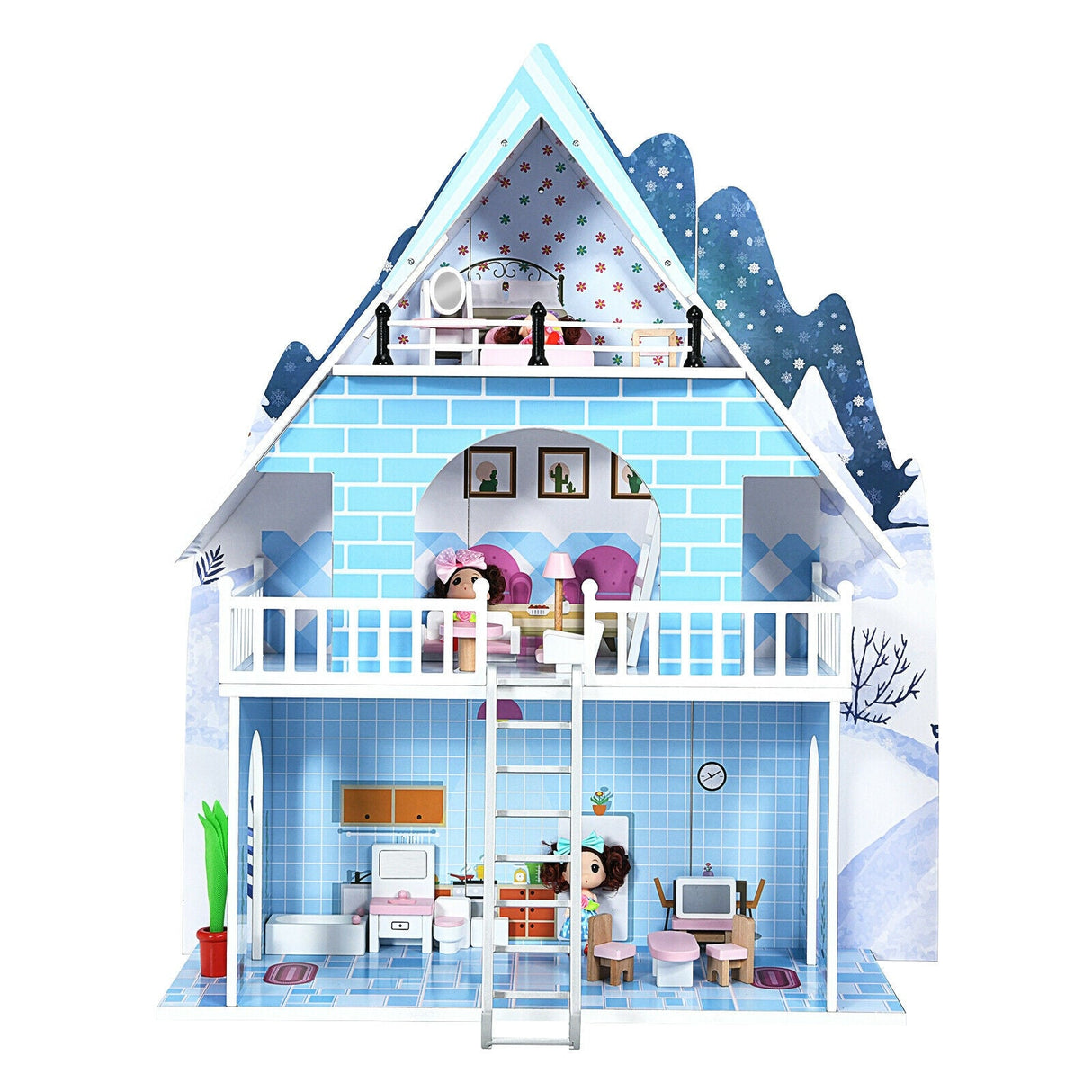 Casa de muñecas de madera de 3 pisos con juego de simulación con muebles y muñeca, regalo para mayores de 3 años