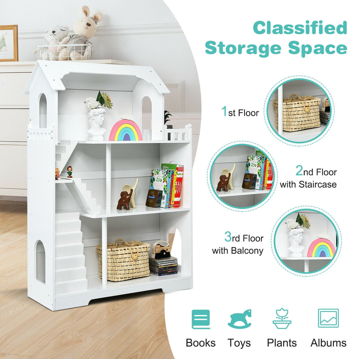 Estantería de madera para casa de muñecas para niños con diseño antivuelco y espacio de almacenamiento