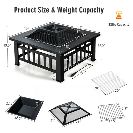 Hoguera cuadrada para exteriores 3 en 1 de 32 pulgadas con parrilla de barbacoa y funda impermeable para camping