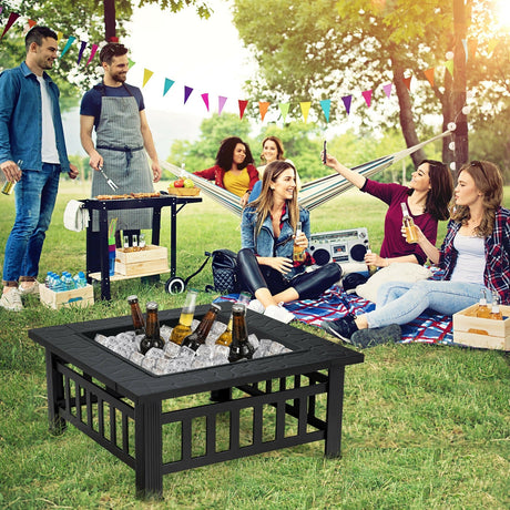 Hoguera cuadrada para exteriores 3 en 1 de 32 pulgadas con parrilla de barbacoa y funda impermeable para camping