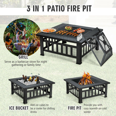 Hoguera cuadrada para exteriores 3 en 1 de 32 pulgadas con parrilla de barbacoa y funda impermeable para camping