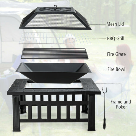Hoguera cuadrada para exteriores 3 en 1 de 32 pulgadas con parrilla de barbacoa y funda impermeable para camping