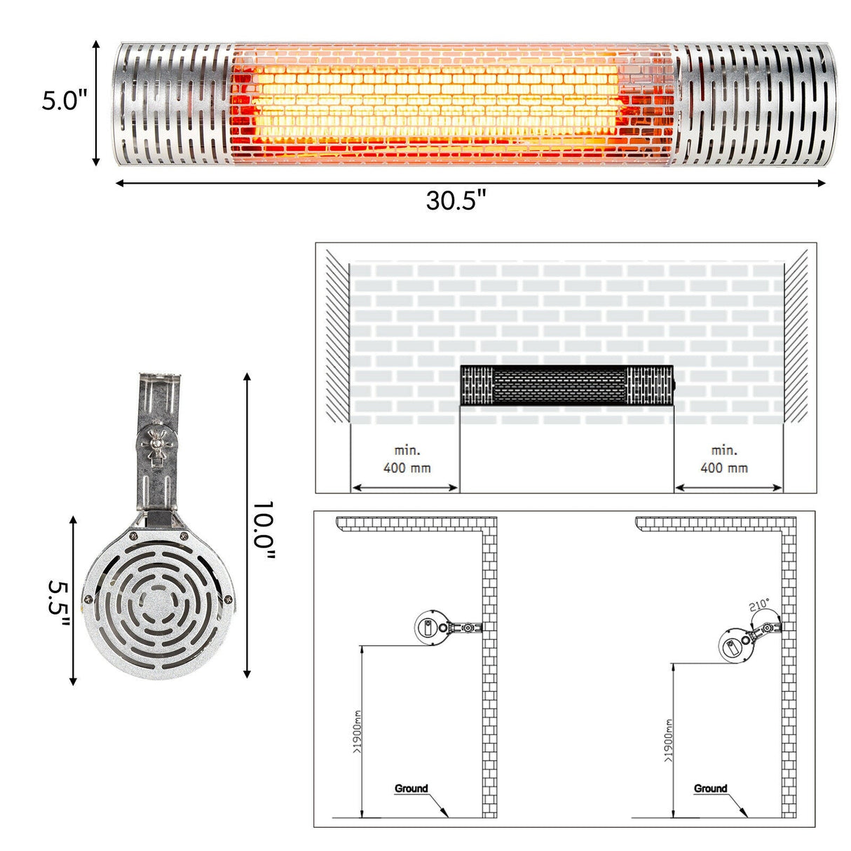Calentador eléctrico para interior y exterior de 1500 W con 2 ajustes de potencia - Plateado