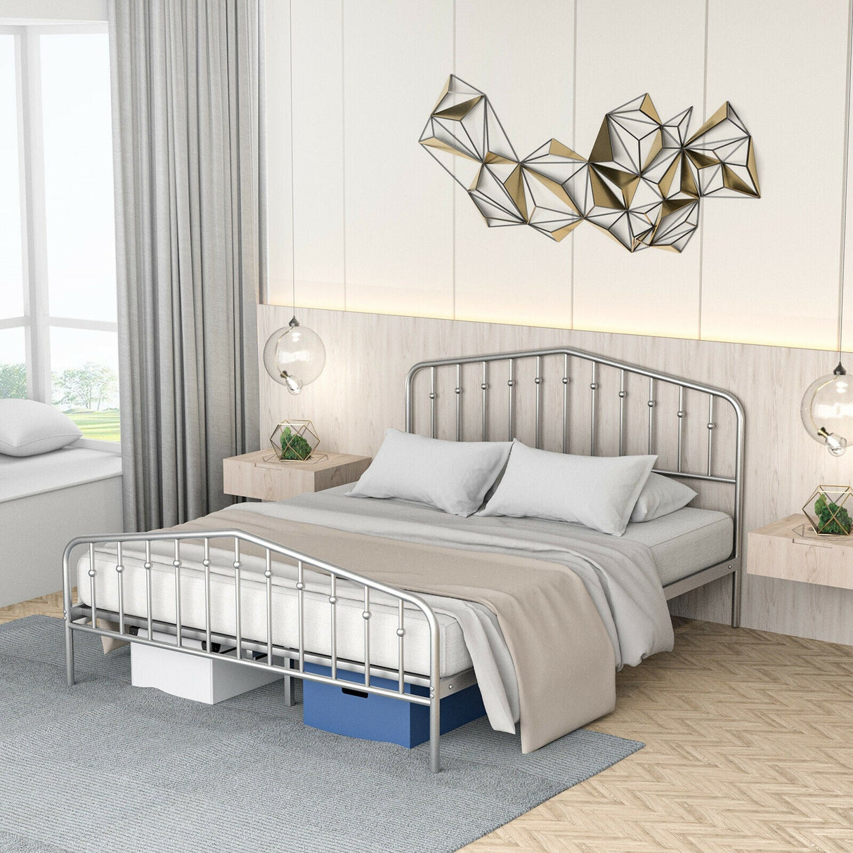 Queen Size Metal Bed Frame Slat Platform