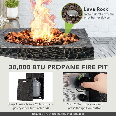 Pozo de fuego de propano cuadrado de 16 pies para exteriores con rocas de lava, cubierta impermeable, 30000 BTU