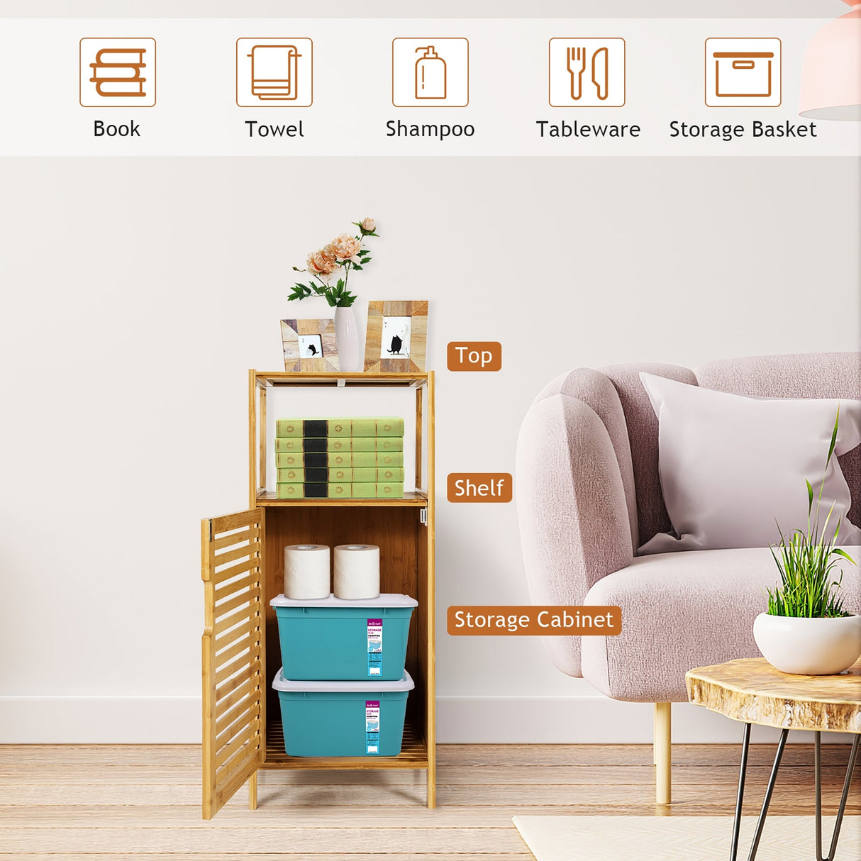 Mueble de almacenamiento de baño de bambú con puerta y estante, esquinero