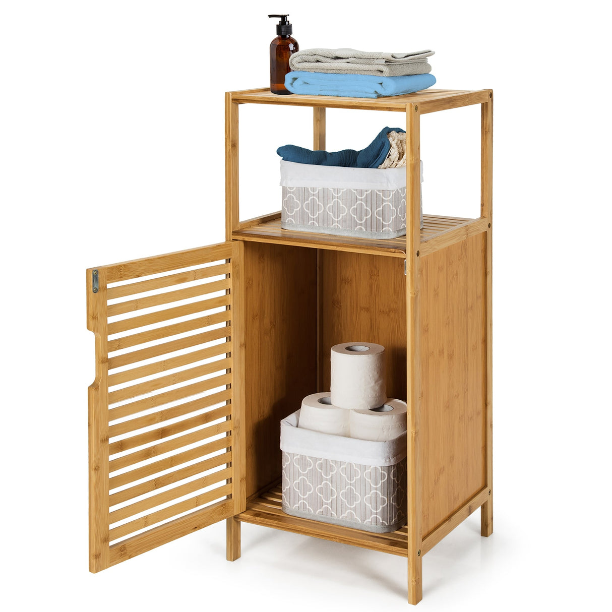 Mueble de almacenamiento de baño de bambú con puerta y estante, esquinero