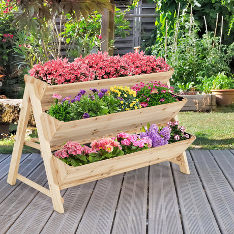 Jardinera elevada vertical de madera de 3 niveles con estante de almacenamiento