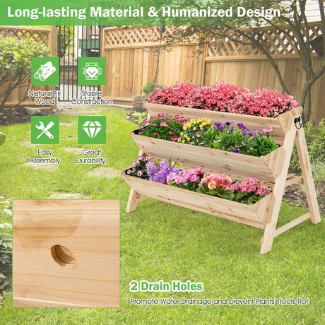 Jardinera elevada vertical de madera de 3 niveles con estante de almacenamiento