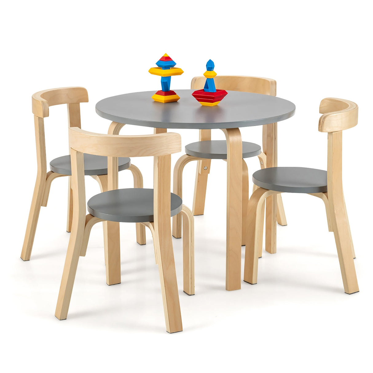 Juego de mesa y 4 sillas de madera para niños con respaldo curvado