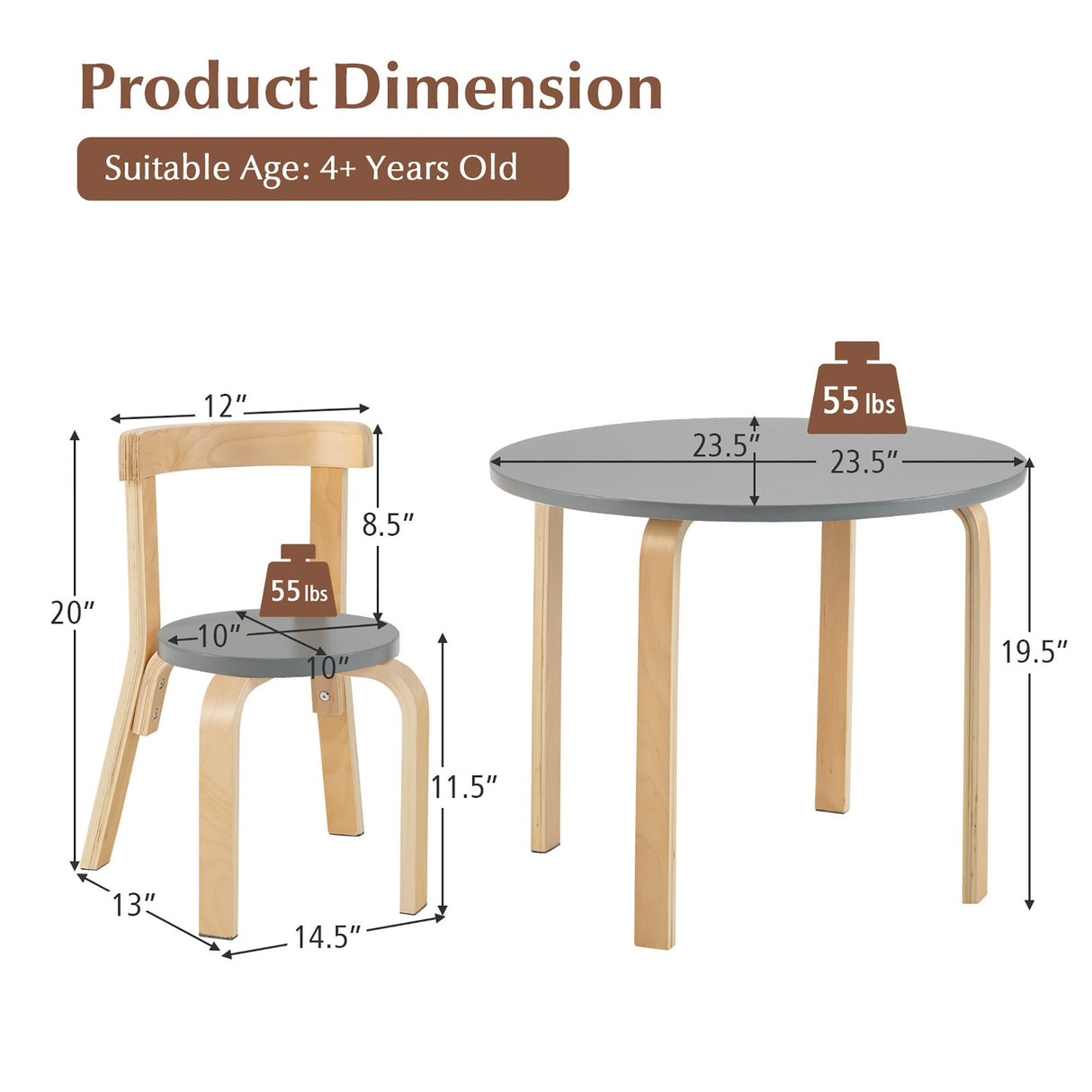 Juego de mesa y 4 sillas de madera para niños con respaldo curvado