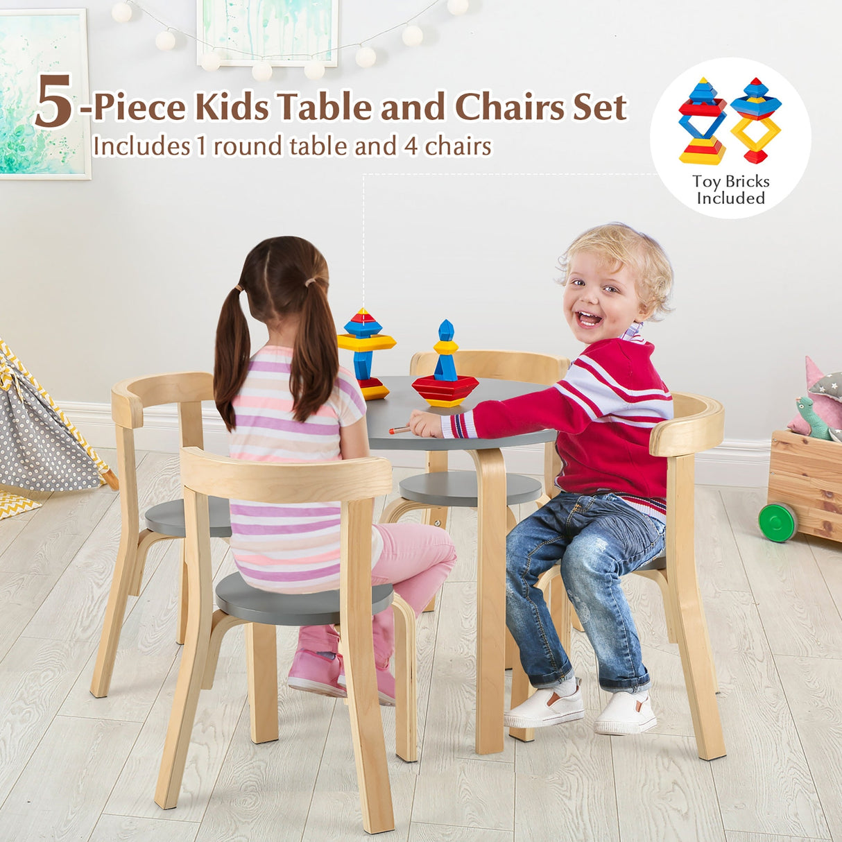 Juego de mesa y 4 sillas de madera para niños con respaldo curvado