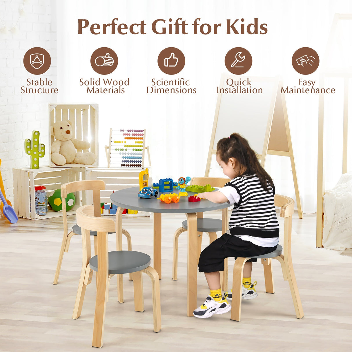 Juego de mesa y 4 sillas de madera para niños con respaldo curvado
