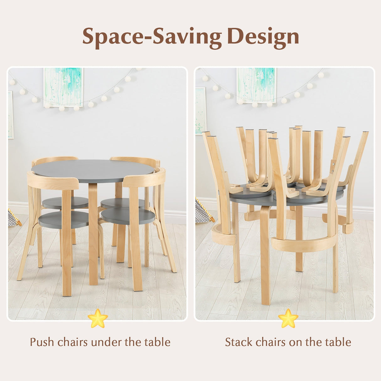 Juego de mesa y 4 sillas de madera para niños con respaldo curvado