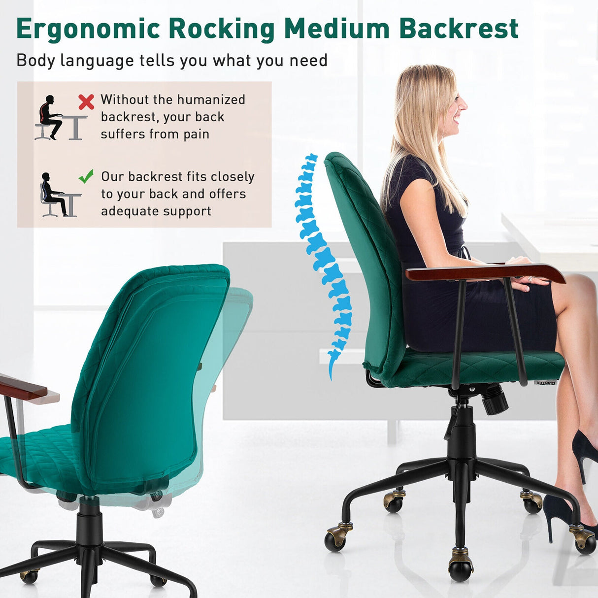 Sillón de oficina de terciopelo con reposabrazos de madera