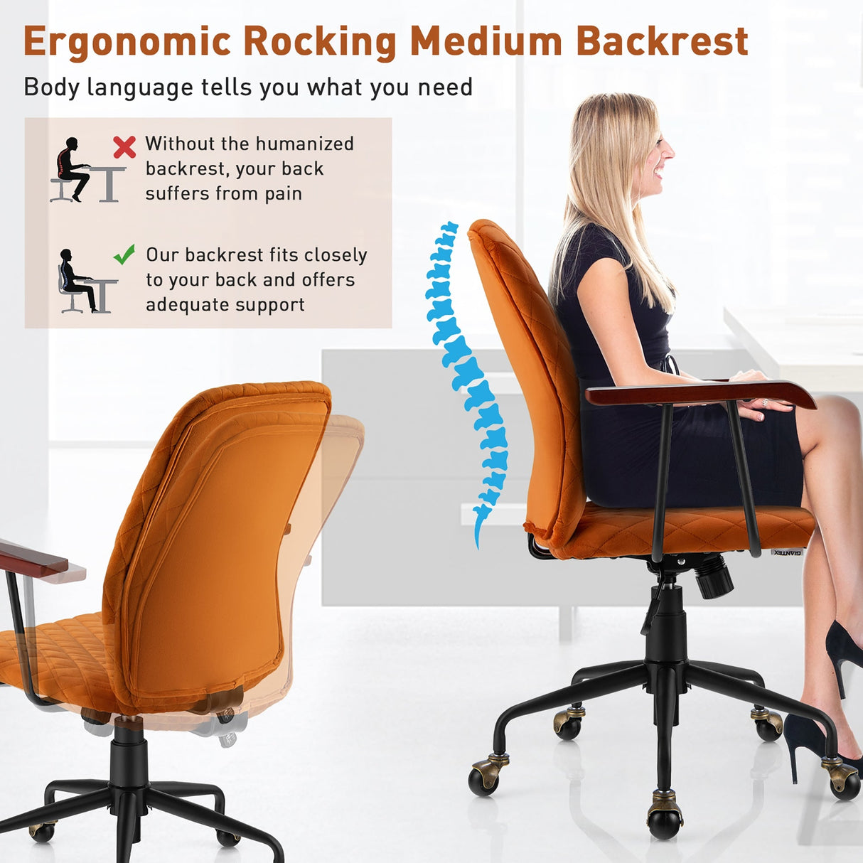 Sillón de oficina de terciopelo con reposabrazos de madera