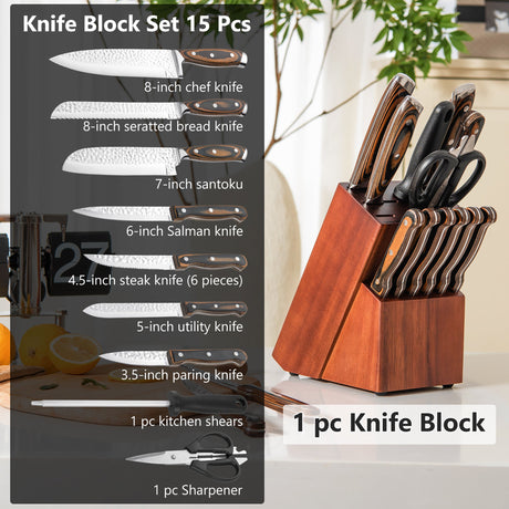 Juego de cuchillos de acero inoxidable de 15 piezas con mango ergonómico