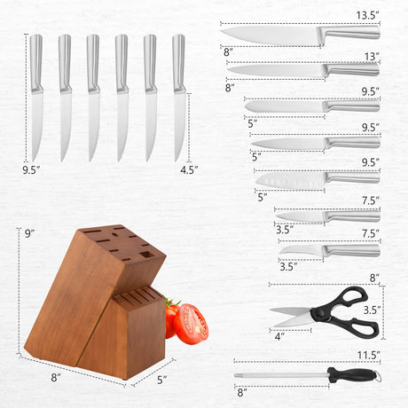 Juego de 16 cuchillos de cocina de acero inoxidable con afilador