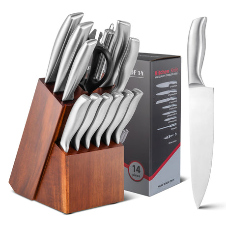 Juego de Cuchillos de Cocina de 14 Piezas Juego de Bloques de Cuchillos de Acero Inoxidable con Afilador