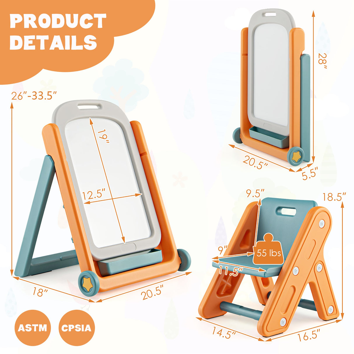 Set de caballete de arte ajustable en altura para niños con silla