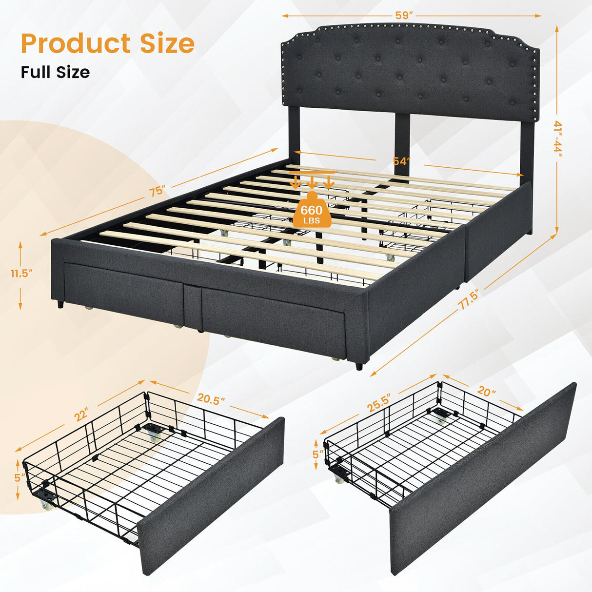 Base de cama de plataforma con 4 cajones de almacenamiento y cabecero ajustable