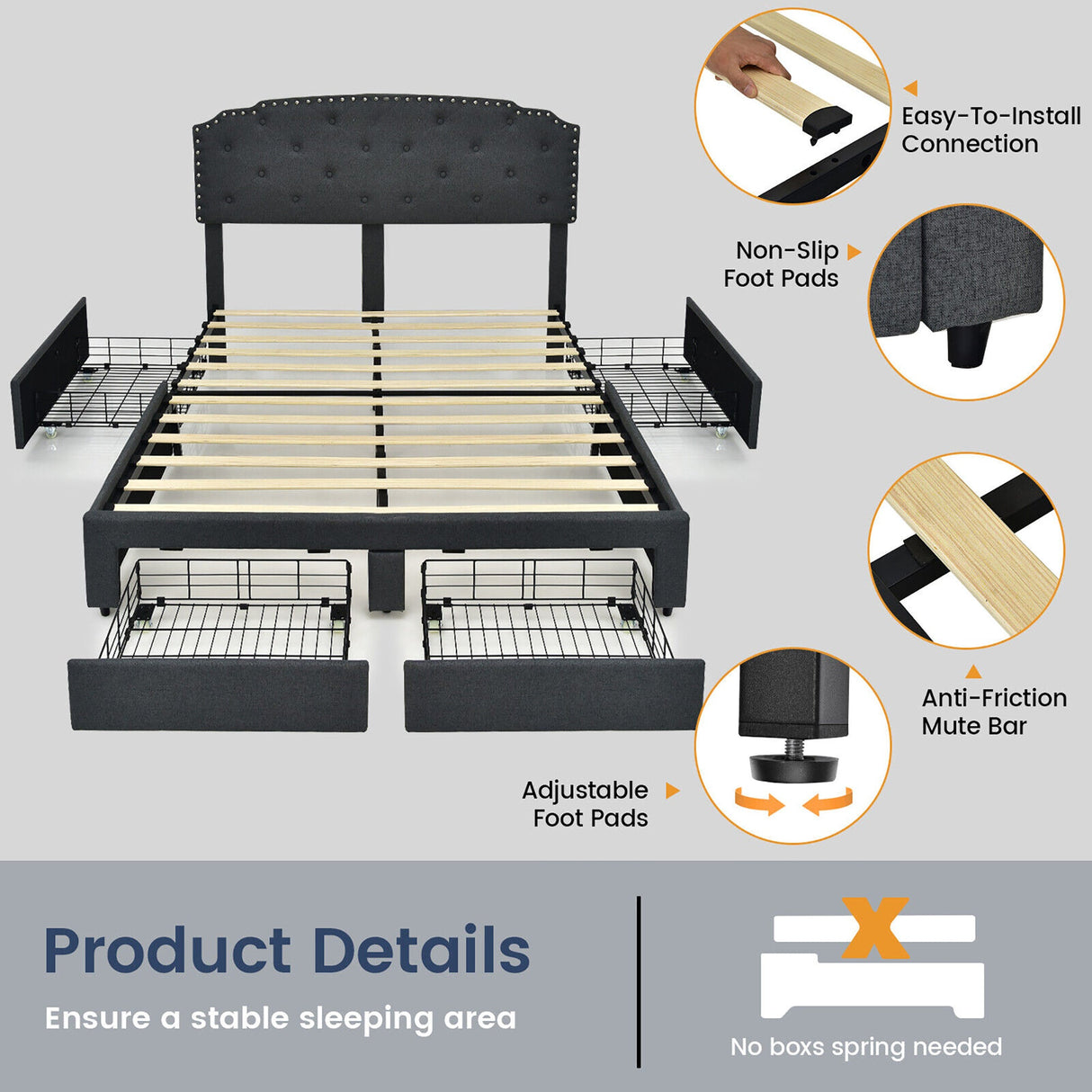 Base de cama de plataforma con 4 cajones de almacenamiento y cabecero ajustable