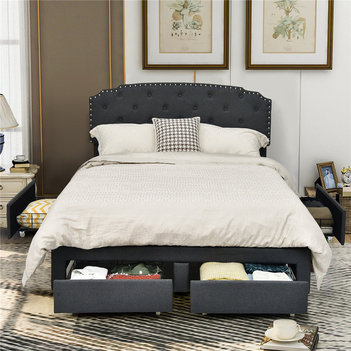 Base de cama de plataforma con 4 cajones de almacenamiento y cabecero ajustable