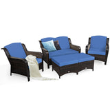 5 Pieces Patio Rattan Sofa Set with Cushion and Ottoman