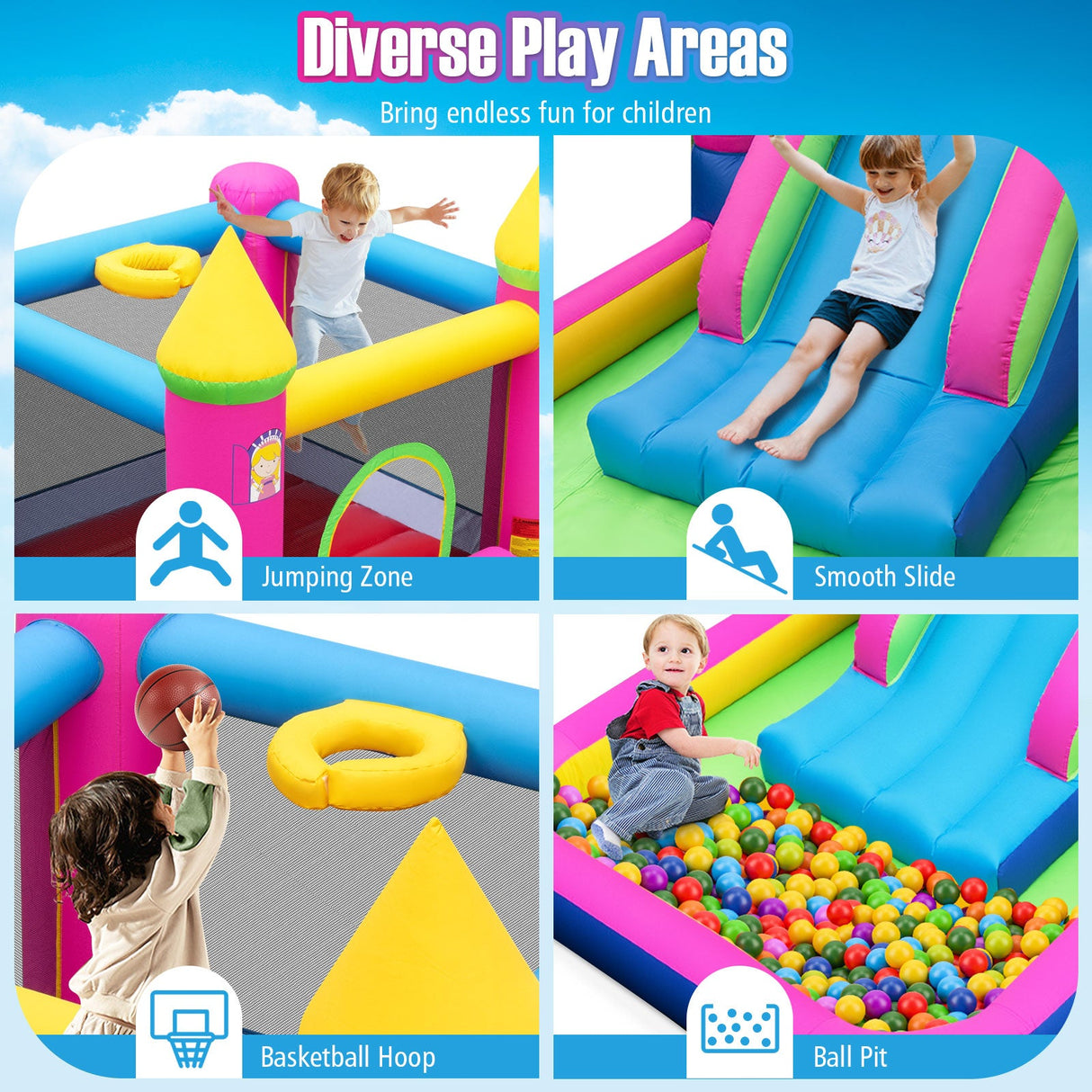 Casa de rebote inflable 4 en 1 para niños, castillo inflable con temática de princesa
