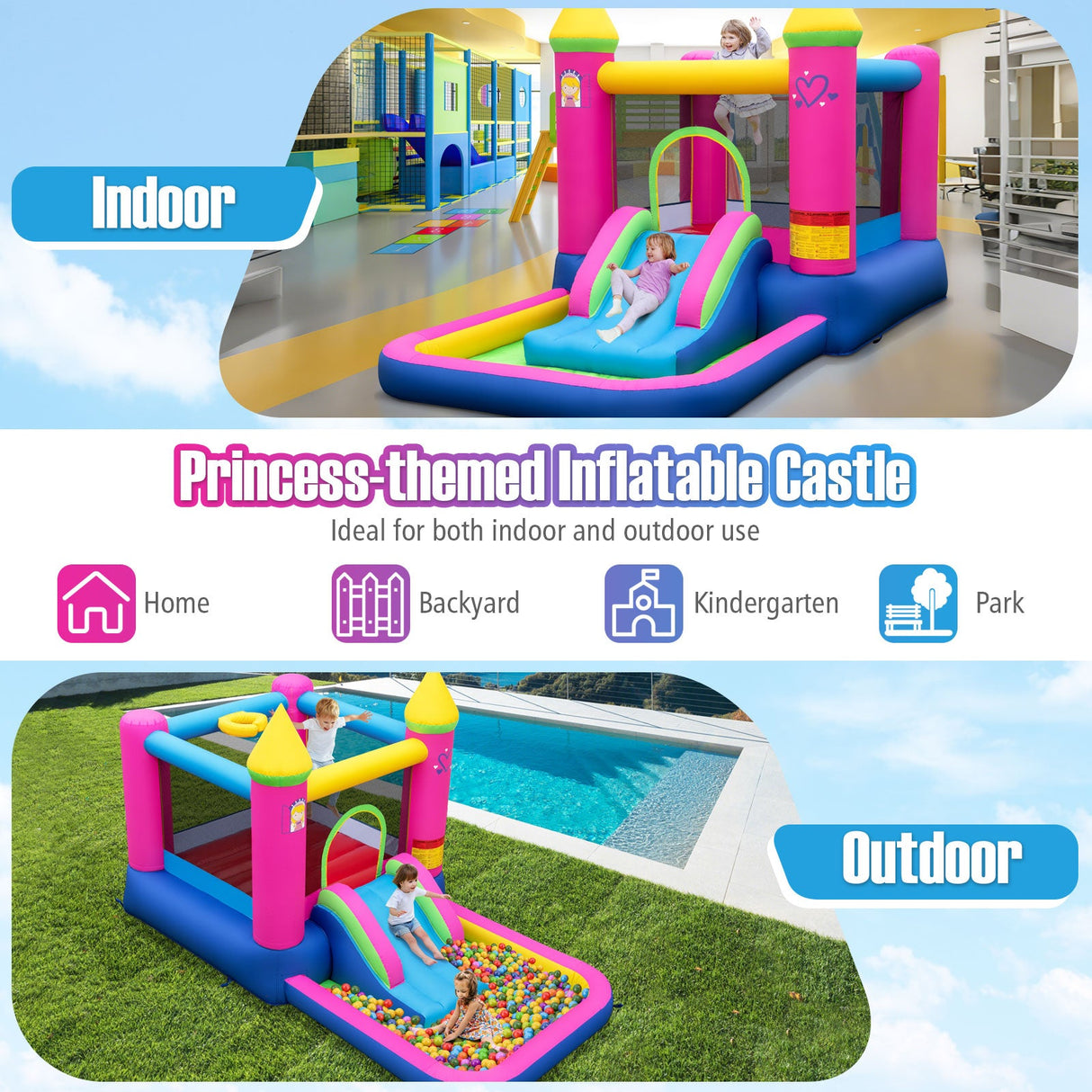 Casa de rebote inflable 4 en 1 para niños, castillo inflable con temática de princesa