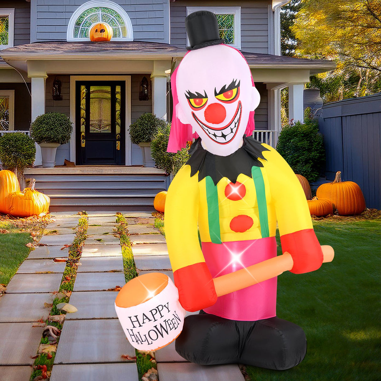 5.9 x 7.9 FT Inflatable Halloween Head Turning Clown with Hammer and Flashing Eyes