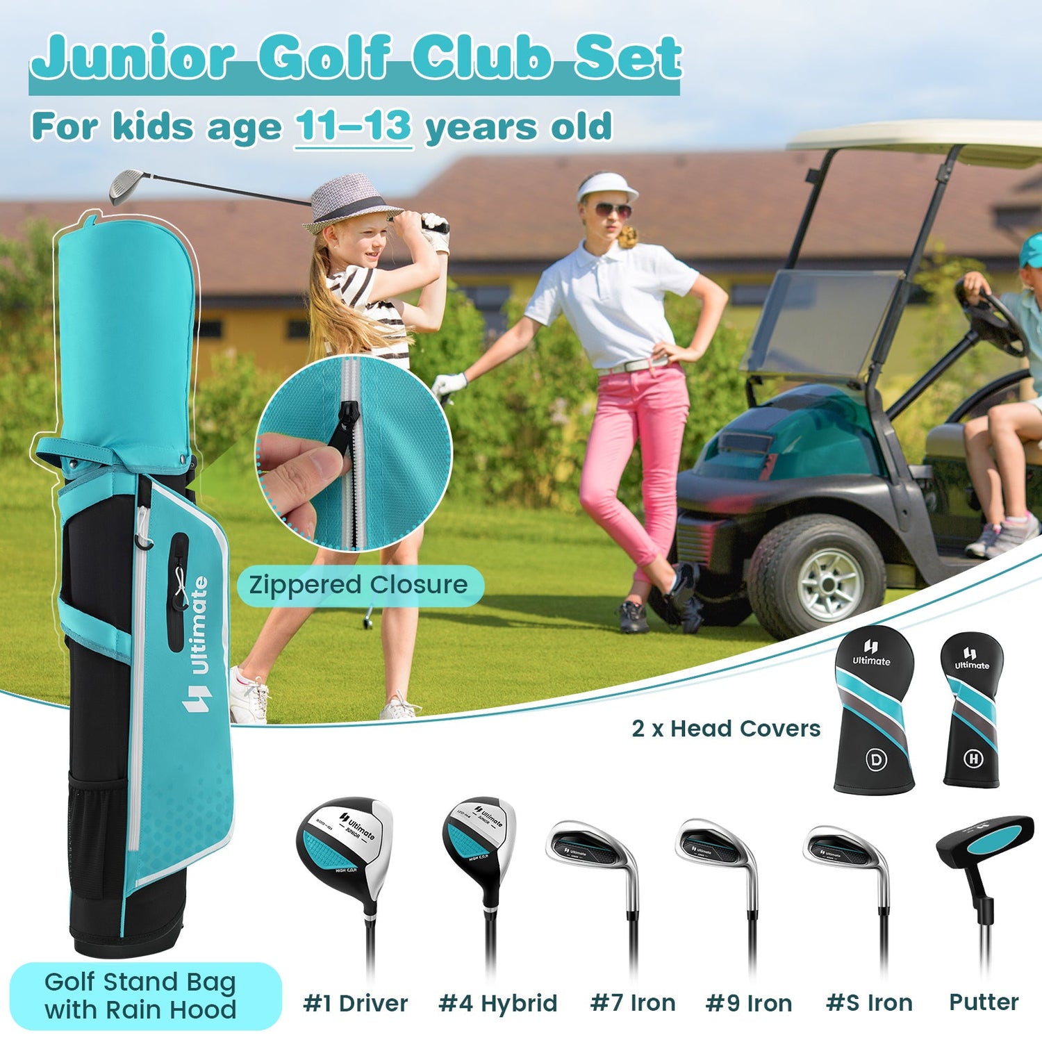 Juego completo de palos de golf júnior con bolsa con soporte y cubierta para la lluvia