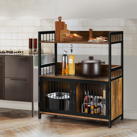 Estante panadero de 2 niveles, soporte industrial para horno microondas de cocina con armario de almacenamiento - Marrón rústico
