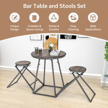Juego de comedor de 3 piezas con 2 taburetes plegables para espacios pequeños - Gris