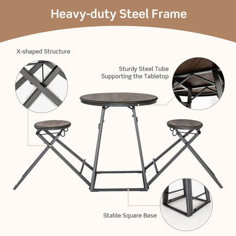 Juego de comedor de 3 piezas con 2 taburetes plegables para espacios pequeños - Gris